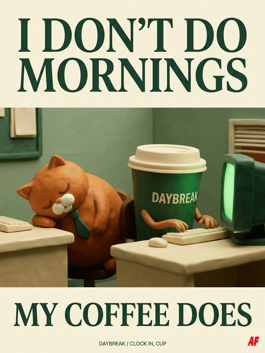 Meme: I DON’T DO MORNINGS. MY COFFEE DOES. A ginger cat sleeps while its DAYBREAK coffee cup types at a computer.